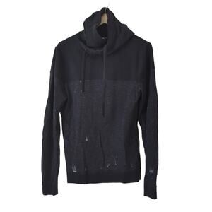 We Norwegians Funnel Neck Hoodie Sweatshirt Distressed Black Gray Merino Wool M